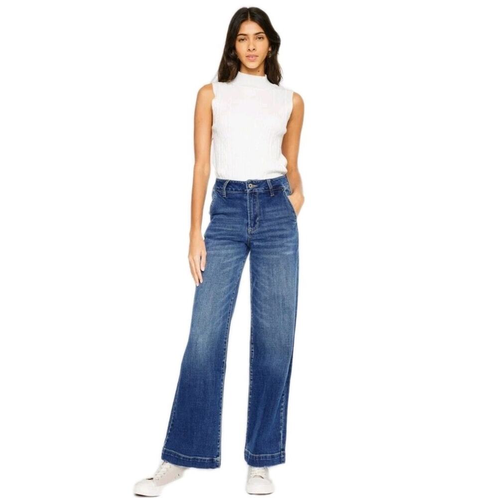 Kancan Jeans Sz 11/29 Tall Blue Natalie High Rise Trouser Wide‎ Leg Flare Zip